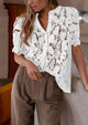 Lace Puff Sleeve Casual Dressy Eyelet Crew Neck Button Down Blouses
