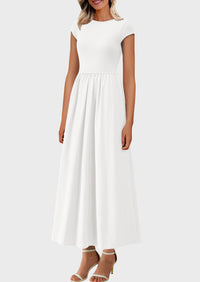 Casual Cap Sleeve Patchwork A Line Flowy Elegant Homecoming Maxi Dress