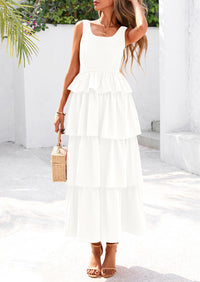 Sleeveless Scoop Neck Smocked A Line Tiered Beach Midi Dress