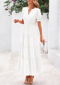 Casual Short Sleeve V Neck Tiered Flowy Beach Vacation Maxi Dress with Pockets