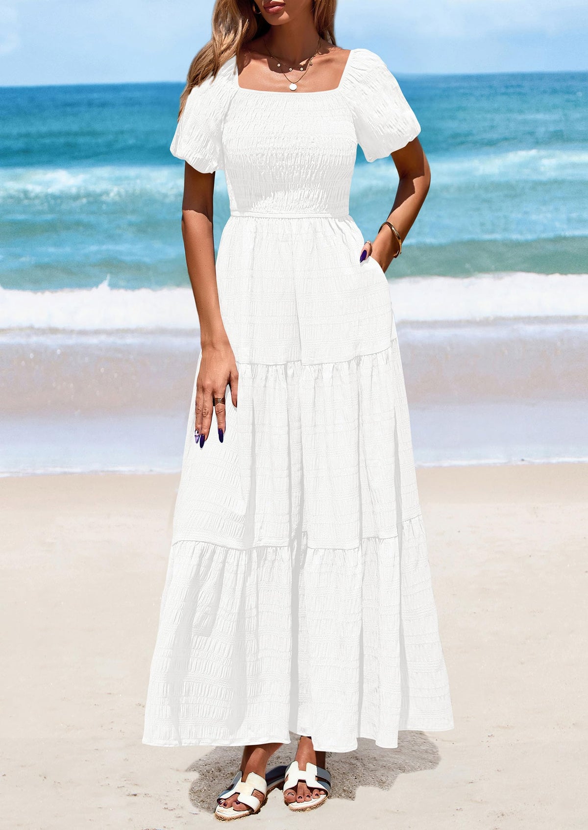 Puff Short Sleeve Square Neck Smocked Tiered Ruffle A Line Flowy Beach Maxi Dresses