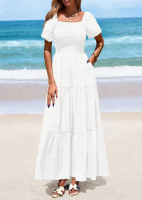 Puff Short Sleeve Square Neck Smocked Tiered Ruffle A Line Flowy Beach Maxi Dresses