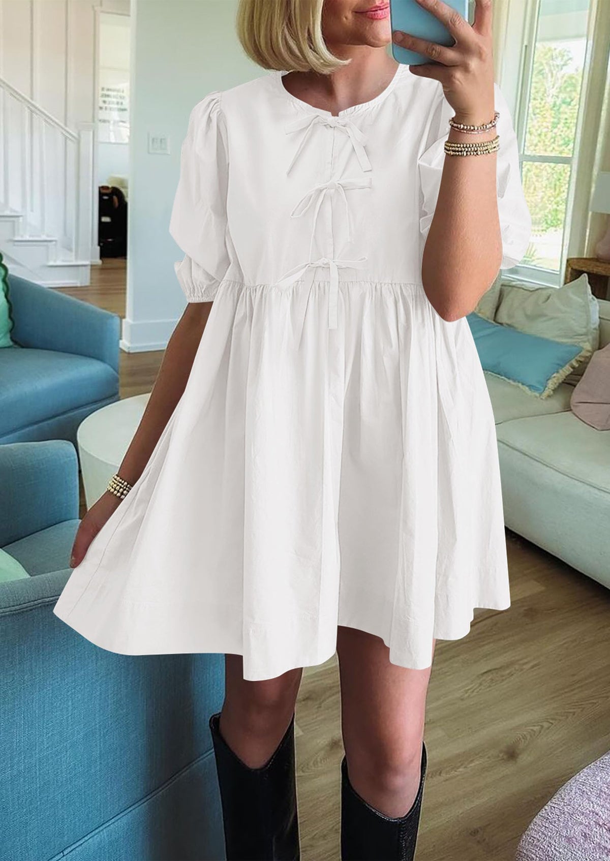Casual Short Sleeve A Line Bow Tie Front Babydoll Loose Mini Dresses with Pockets