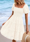 PRETTYGARDEN Womens Summer Puff Sleeve Mini Dress Off Shoulder Eyelet Smocked A Line Casual Babydoll Short Dresses