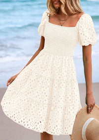 PRETTYGARDEN Womens Summer Puff Sleeve Mini Dress Off Shoulder Eyelet Smocked A Line Casual Babydoll Short Dresses