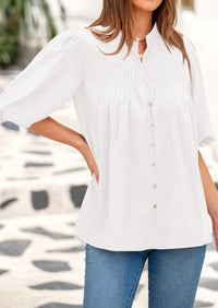 Lantern Sleeve Loose Fit Button Down Casual Pleated V Neck Blouses
