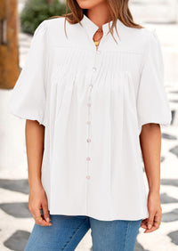 Lantern Sleeve Loose Fit Button Down Casual Pleated V Neck Blouses