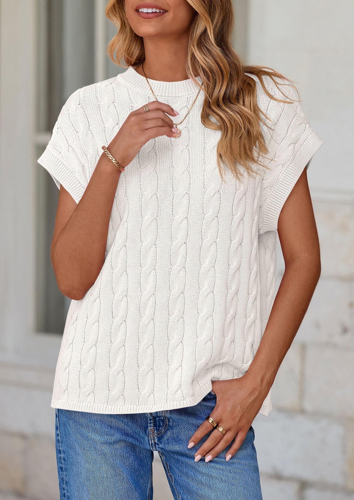 Casual Short Sleeve Crew Neck Knit Pullover Trendy Spring Outfits Sweater Vest