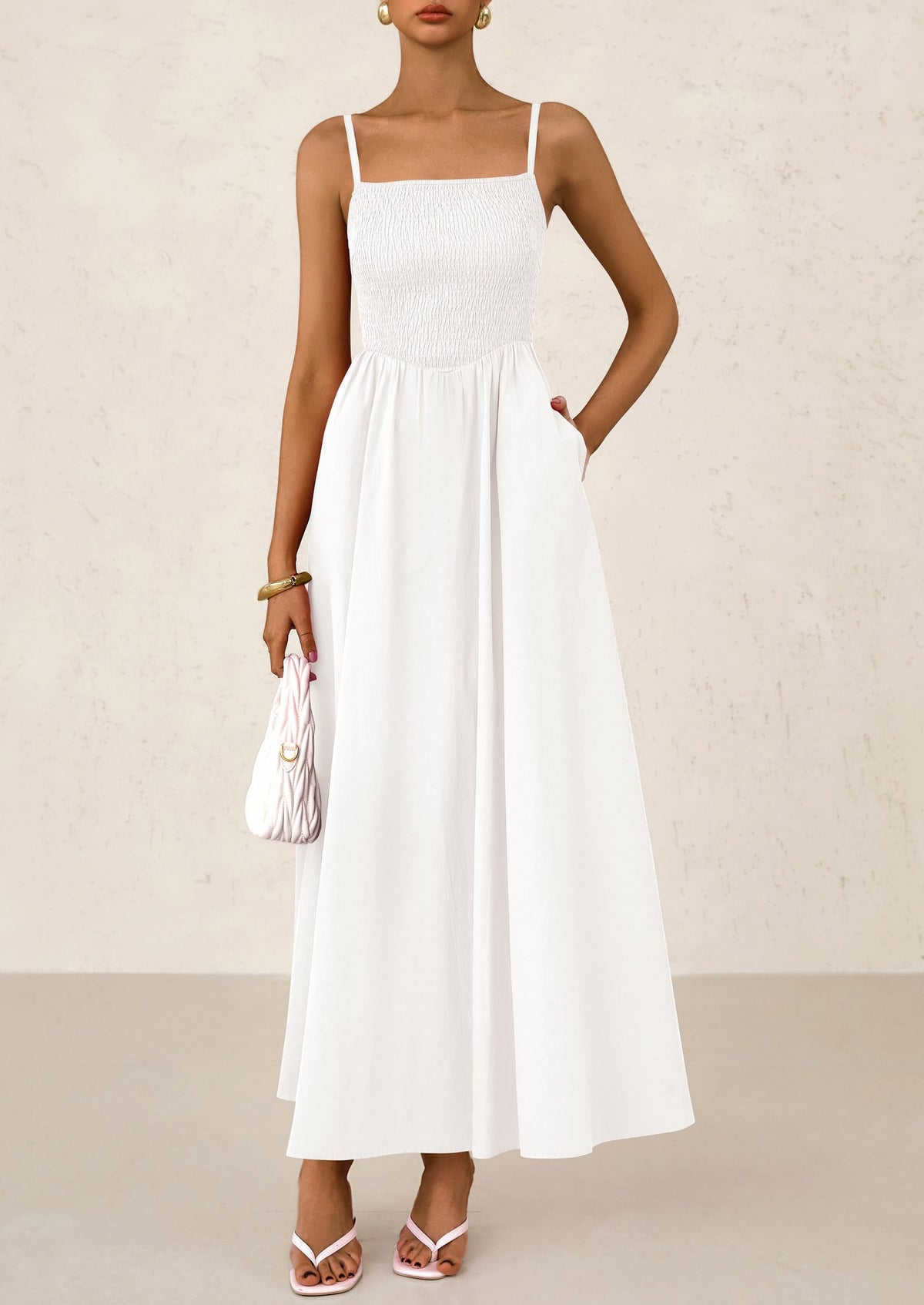 Smocked Beach Casual Spaghetti Strap Swing A Line Flowy Maxi Dresses