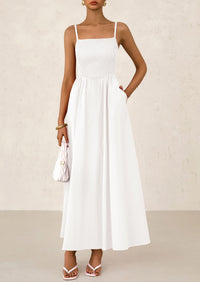 Smocked Beach Casual Spaghetti Strap Swing A Line Flowy Maxi Dresses