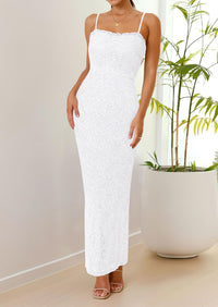 Elegant Spaghetti Strap Lace Floral Bodycon Maxi Dress