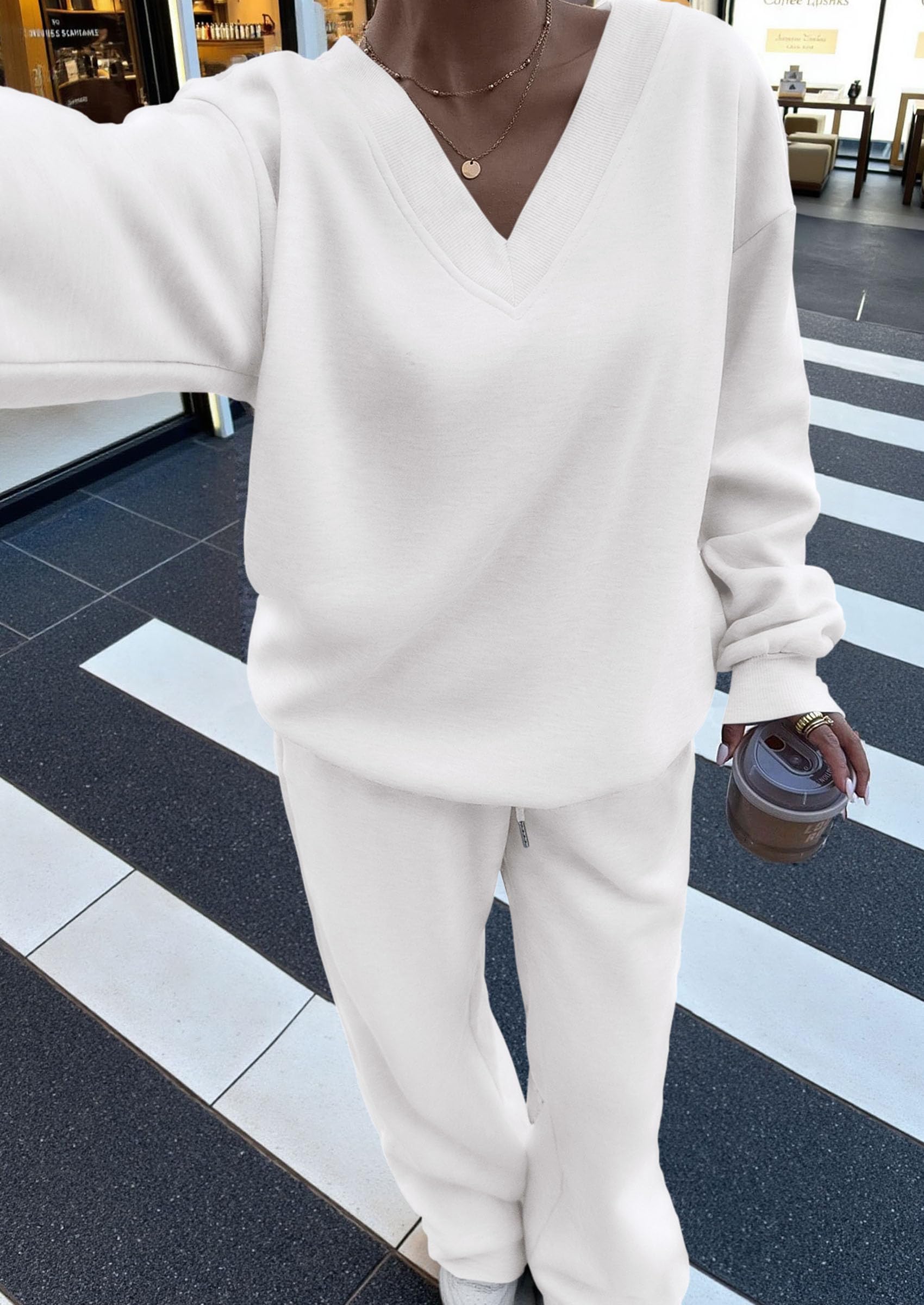 PRETTYGARDEN Casual Winter Two Piece Sets for Women V Neck Sweatshirt Loose Wide Leg Pants Tracksuit Knit Fall Outfits