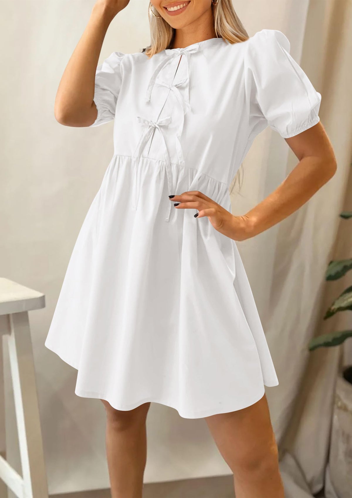 Casual Short Sleeve A Line Bow Tie Front Babydoll Loose Mini Dresses with Pockets