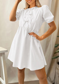 Casual Short Sleeve A Line Bow Tie Front Babydoll Loose Mini Dresses with Pockets
