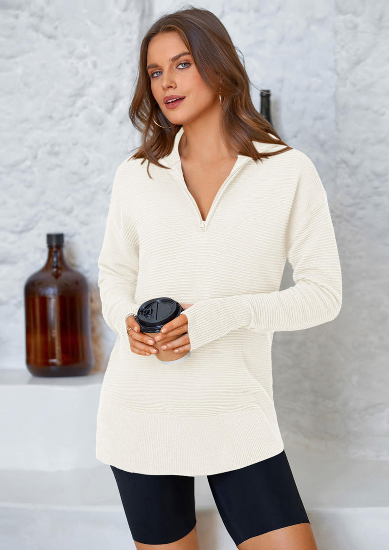 PRETTYGARDEN Womens Long Sleeve Quarter Zip Pullover Sweater Casual Loose V Neck Collared Ribbed Knit Jumper Tops Thumb Hole