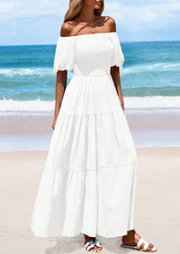 Puff Short Sleeve Square Neck Smocked Tiered Ruffle A Line Flowy Beach Maxi Dresses