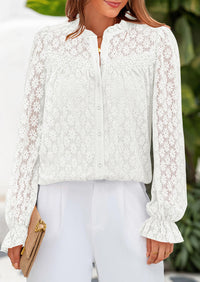 Eyelet Long Sleeve Casual Hollow Out Button Up Lace Blouse