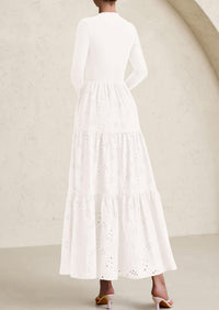 PRETTYGARDEN Long Sleeve Dress for Women Fall Eyelet Mock Neck A Line Elegant Classy Maxi Wedding Guest Dresses Pockets
