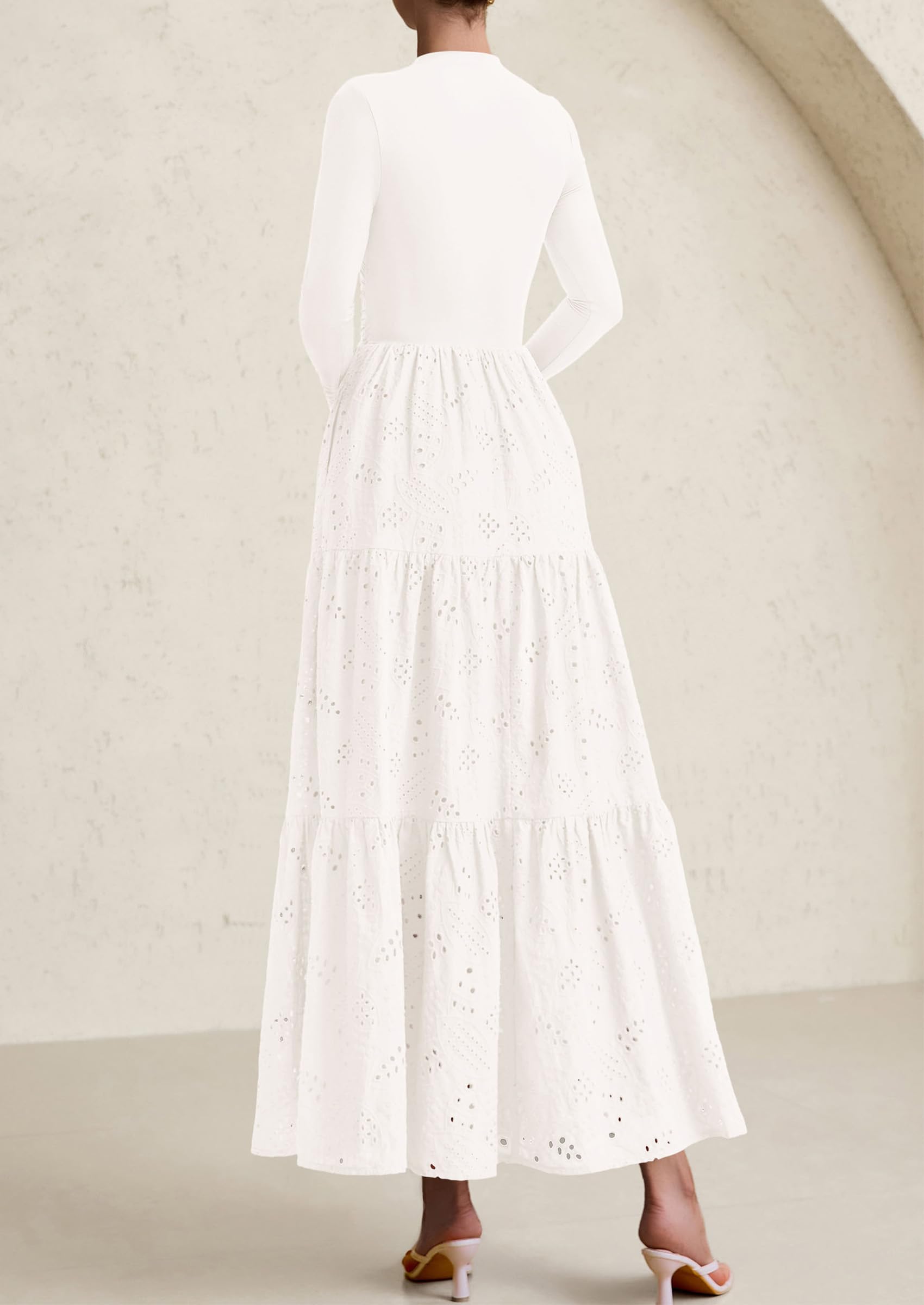 PRETTYGARDEN Long Sleeve Dress for Women Fall Eyelet Mock Neck A Line Elegant Classy Maxi Wedding Guest Dresses Pockets