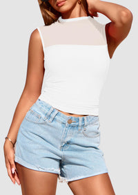 Sheer Mesh Casual Sleeveless Mock Neck Ruched Slim Fitted Tank Tops