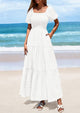Puff Short Sleeve Square Neck Smocked Tiered Ruffle A Line Flowy Beach Maxi Dresses