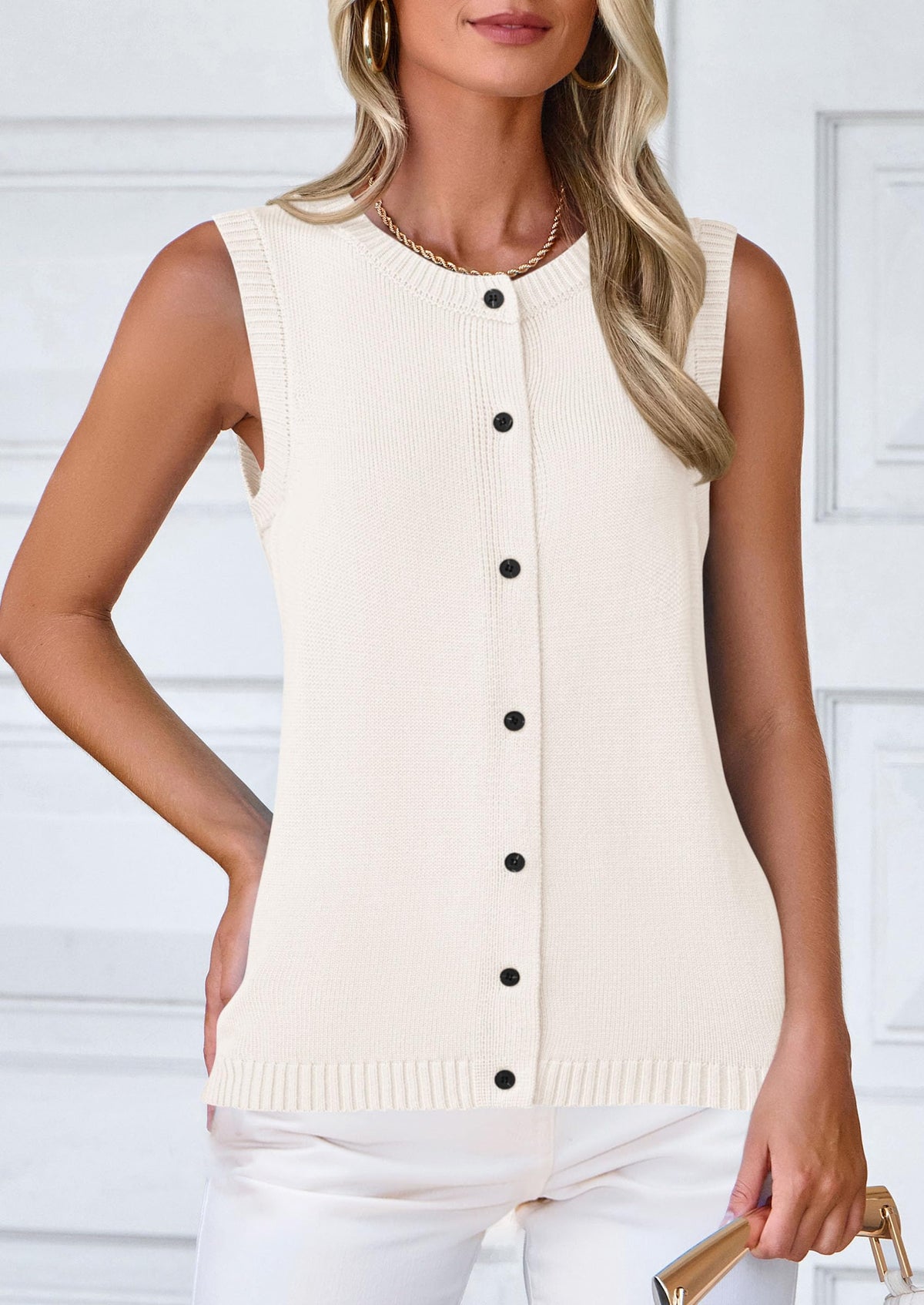 Sleeveless Button Down Business Casual Knit Tank Tops
