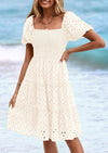 PRETTYGARDEN Womens Summer Puff Sleeve Mini Dress Off Shoulder Eyelet Smocked A Line Casual Babydoll Short Dresses