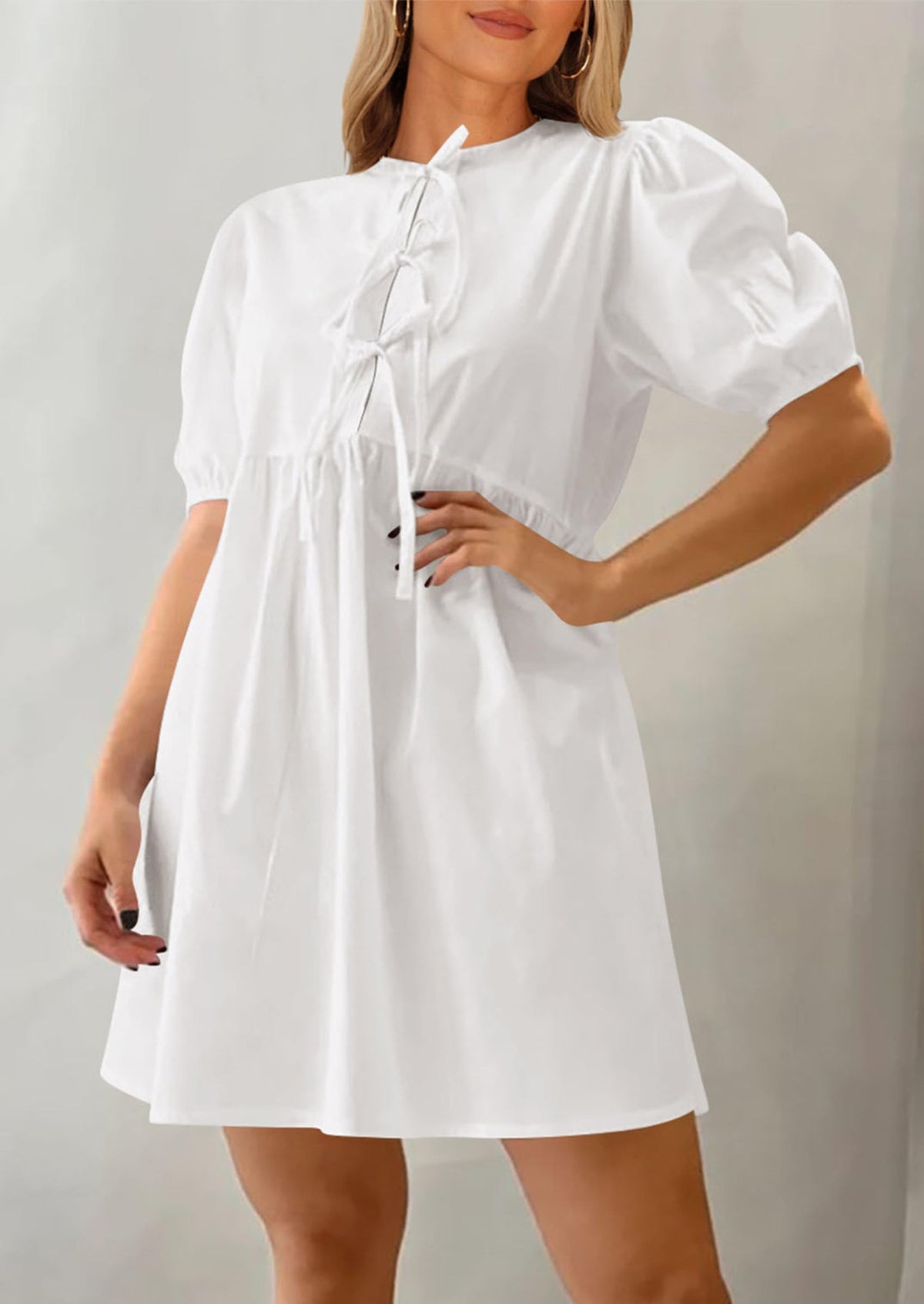 Casual Short Sleeve A Line Bow Tie Front Babydoll Loose Mini Dresses with Pockets