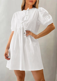 Casual Short Sleeve A Line Bow Tie Front Babydoll Loose Mini Dresses with Pockets