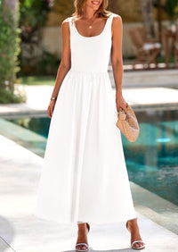 Casual Scoop Neck Sleeveless Patchwork A-line Swing Maxi Dresses with Pockets
