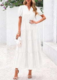 Casual Short Sleeve V Neck Tiered Flowy Beach Vacation Maxi Dress with Pockets