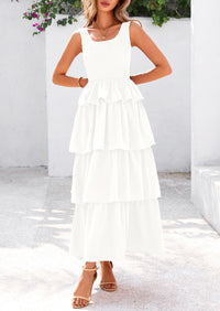 Sleeveless Scoop Neck Smocked A Line Tiered Beach Midi Dress