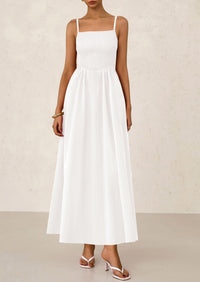 Smocked Beach Casual Spaghetti Strap Swing A Line Flowy Maxi Dresses