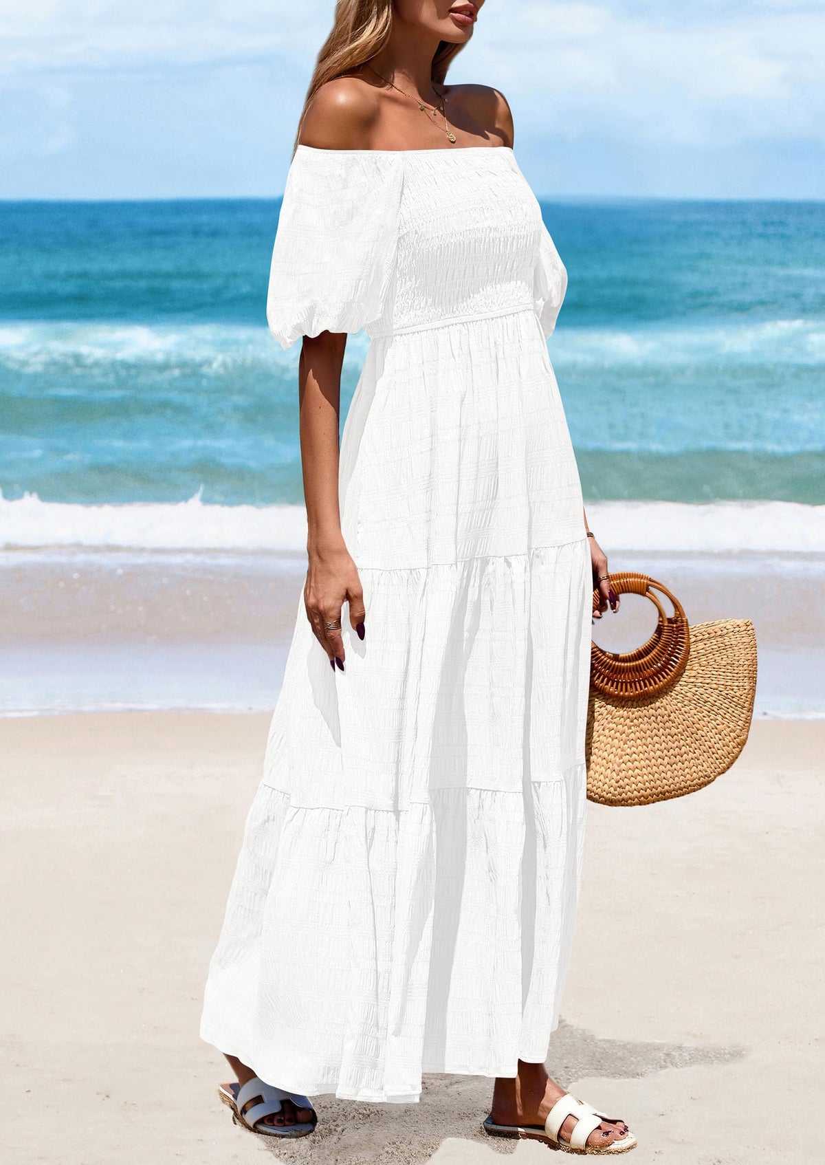 Puff Short Sleeve Square Neck Smocked Tiered Ruffle A Line Flowy Beach Maxi Dresses