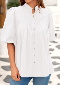 Lantern Sleeve Loose Fit Button Down Casual Pleated V Neck Blouses