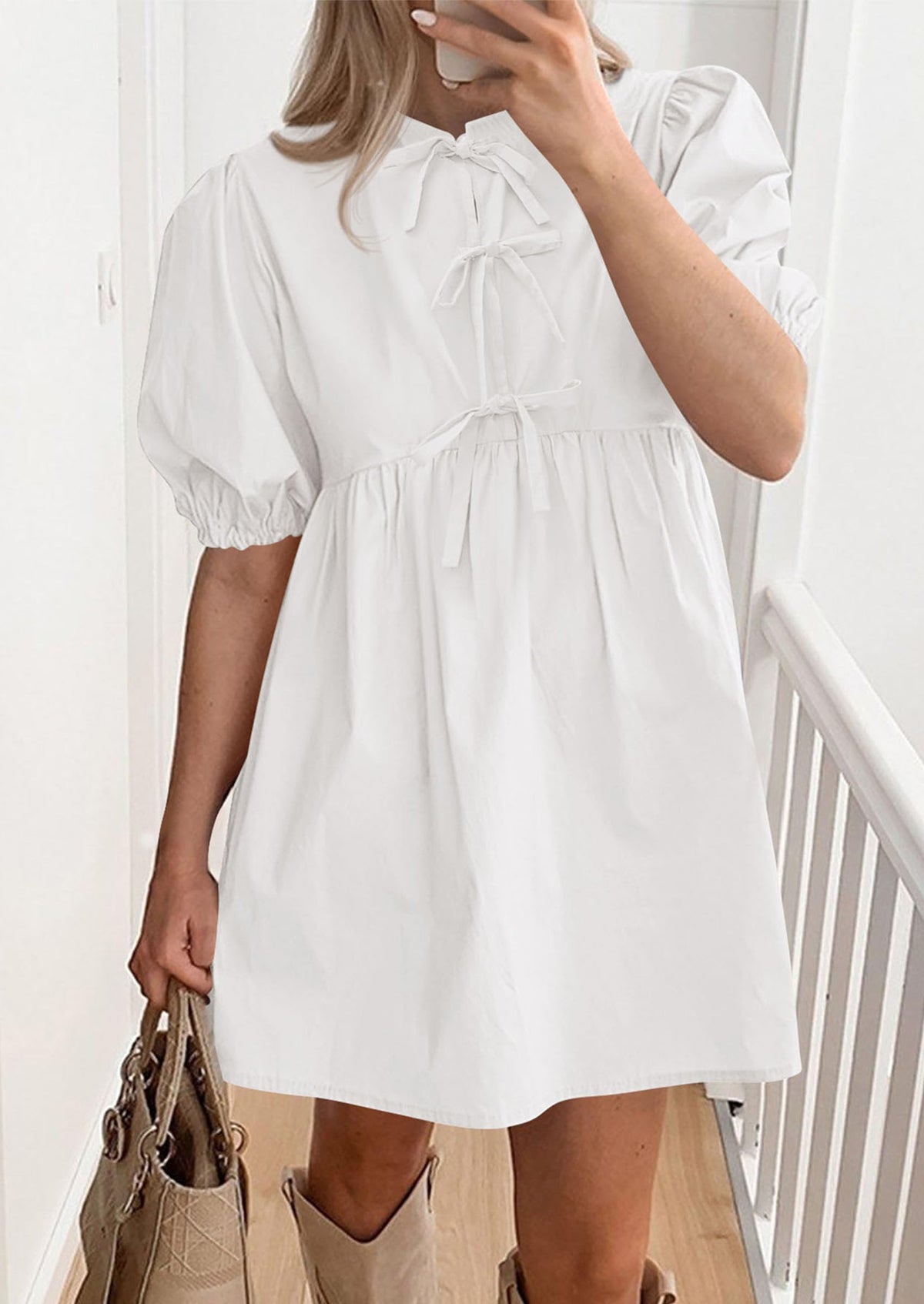 Casual Short Sleeve A Line Bow Tie Front Babydoll Loose Mini Dresses with Pockets