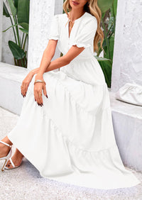 Casual Short Sleeve V Neck Tiered Flowy Beach Vacation Maxi Dress with Pockets