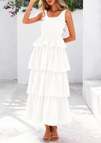 Sleeveless Scoop Neck Smocked A Line Tiered Beach Midi Dress
