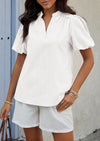 PRETTYGARDEN Womens Casual Summer Tops V Neck Short Puff Sleeve Pleated Cotton T Shirts Loose Dressy Blouses