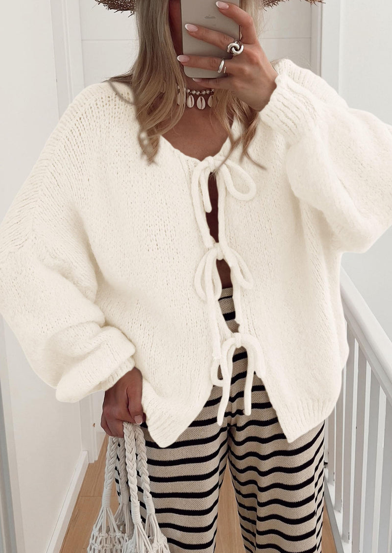 PRETTYGARDEN Women's Tie Front Bow Cardigan Sweaters Chunky Knit Long Puff Sleeve Trendy Fall Winter Jacket Coats