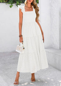 Square Neck Cap Sleeve Eyelet Smocked Tiered A Line Maxi Dresses with Pockets