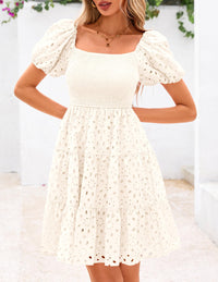 Puff Sleeve Off Shoulder Eyelet Smocked A Line Casual Babydoll Mini Dress