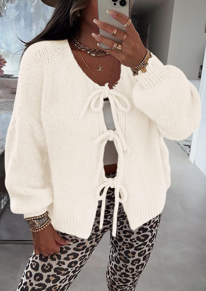 PRETTYGARDEN Women's Tie Front Bow Cardigan Sweaters Chunky Knit Long Puff Sleeve Trendy Fall Winter Jacket Coats