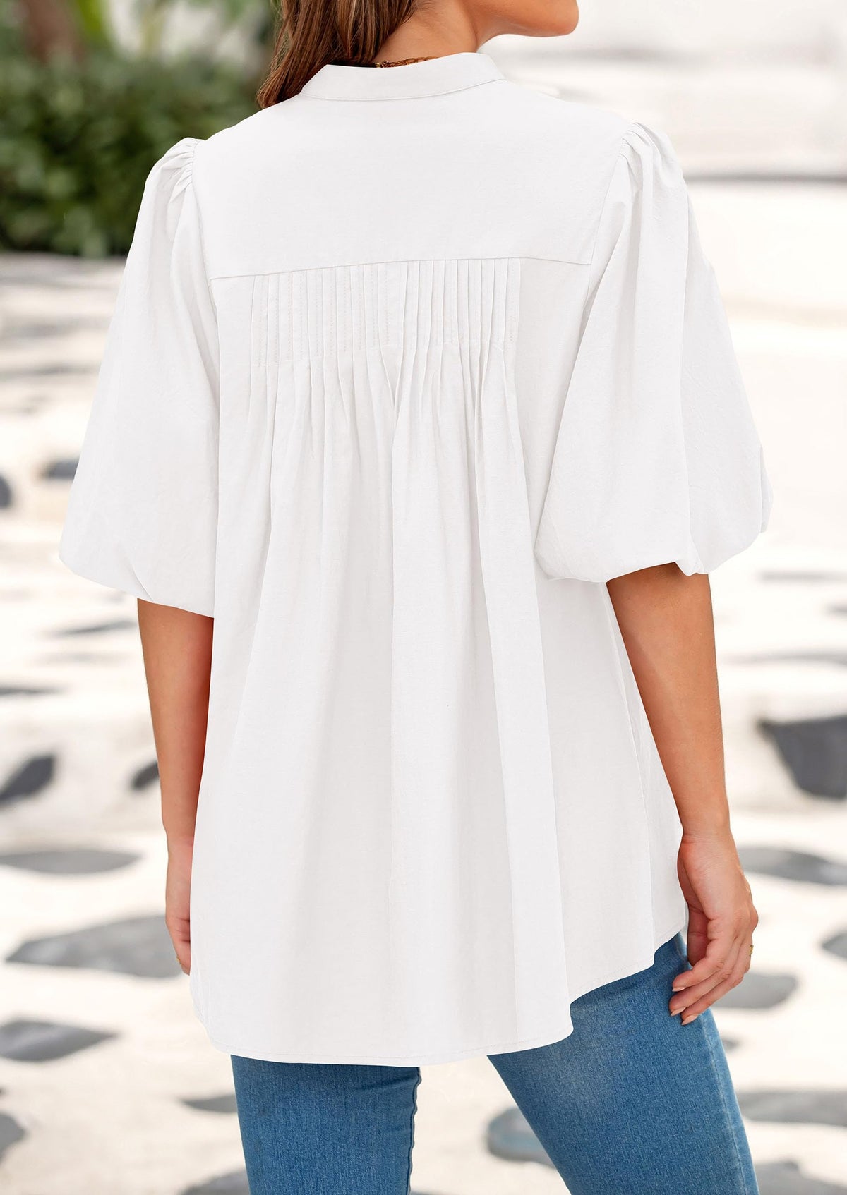 Lantern Sleeve Loose Fit Button Down Casual Pleated V Neck Blouses