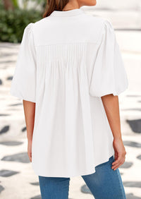 Lantern Sleeve Loose Fit Button Down Casual Pleated V Neck Blouses