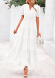 Casual Short Sleeve V Neck Tiered Flowy Beach Vacation Maxi Dress with Pockets