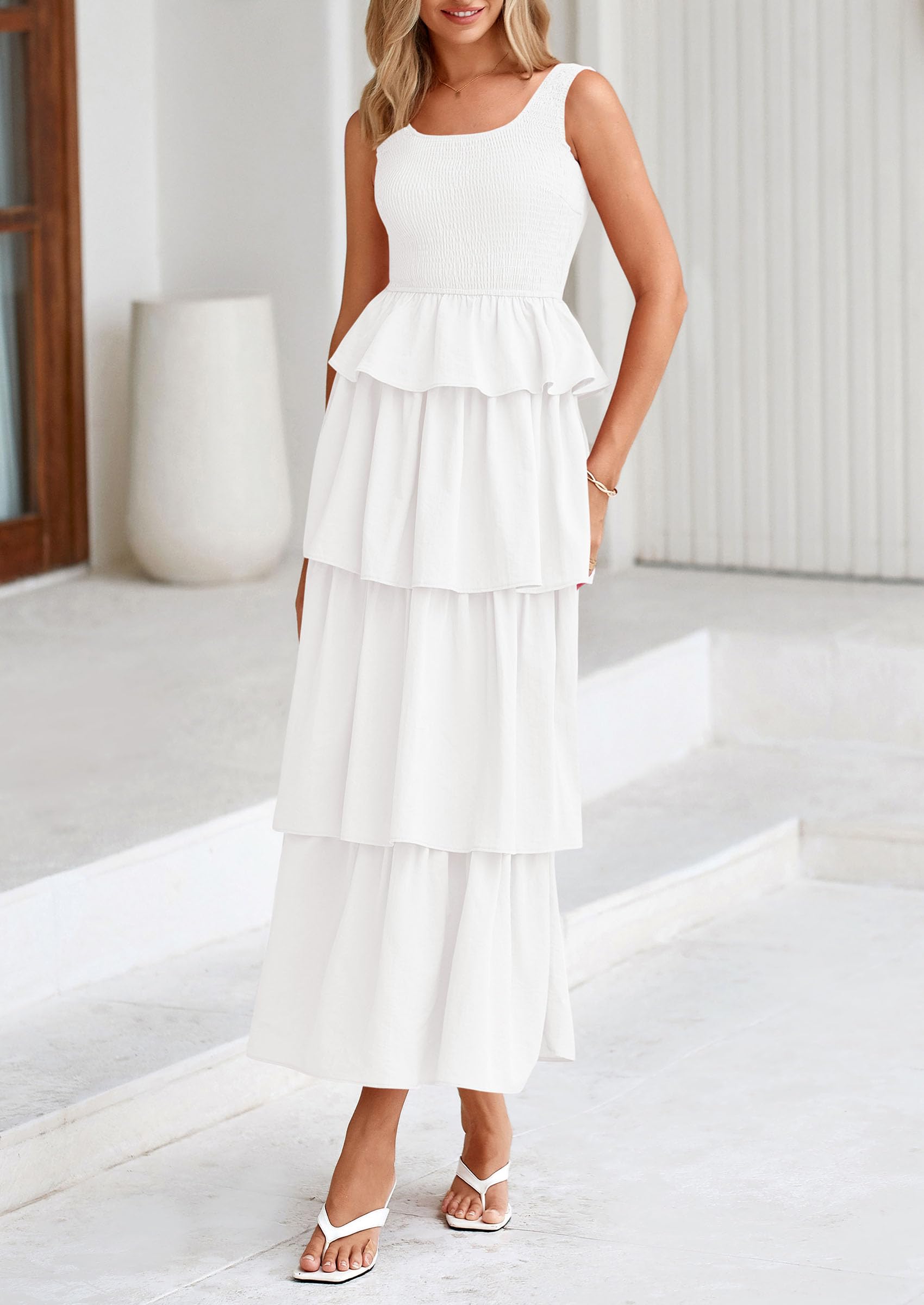 PRETTYGARDEN Womens Summer Sleeveless Midi Dress Scoop Neck A Line Smocked Ruffle Tiered Layered Beach Vacation Dresses