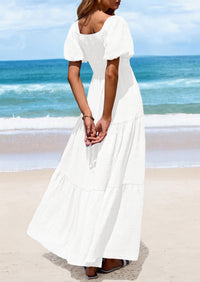 Puff Short Sleeve Square Neck Smocked Tiered Ruffle A Line Flowy Beach Maxi Dresses