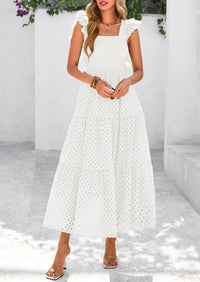 Square Neck Cap Sleeve Eyelet Smocked Tiered A Line Maxi Dresses with Pockets