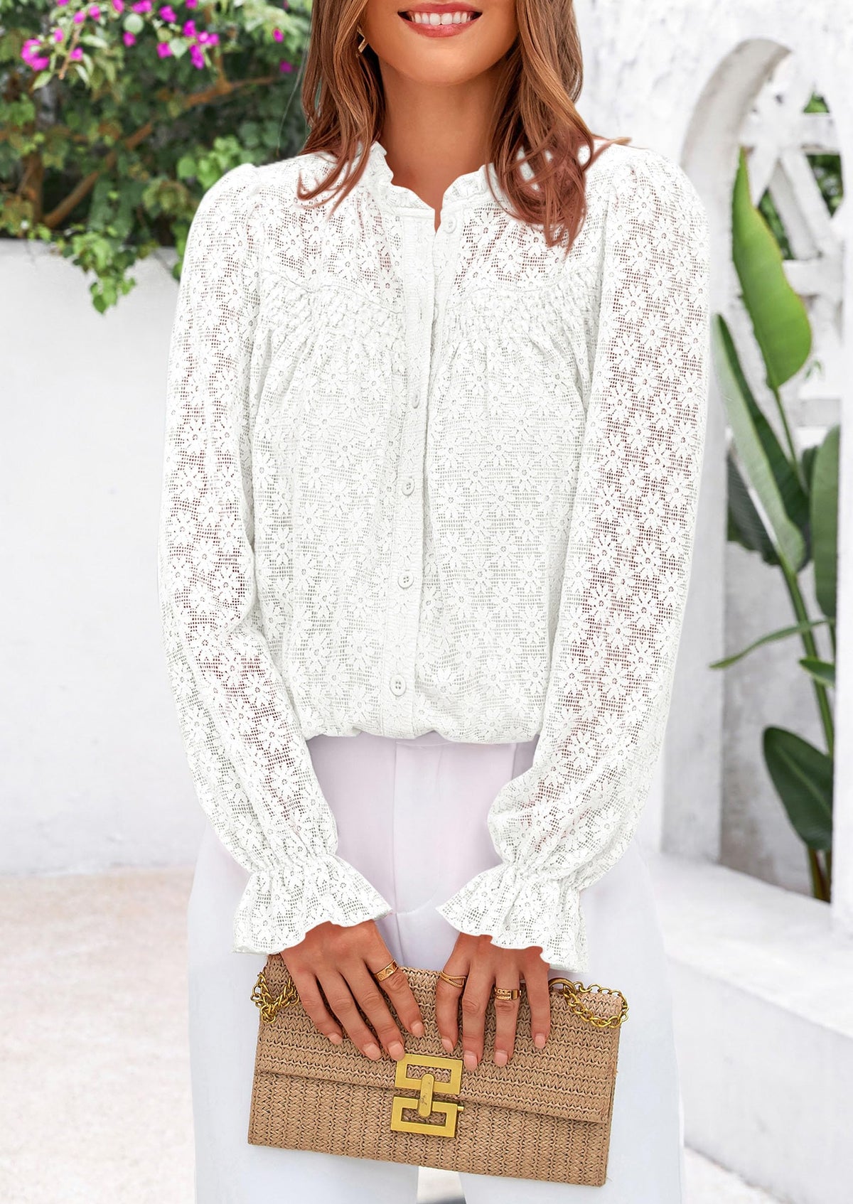 Eyelet Long Sleeve Casual Hollow Out Button Up Lace Blouse
